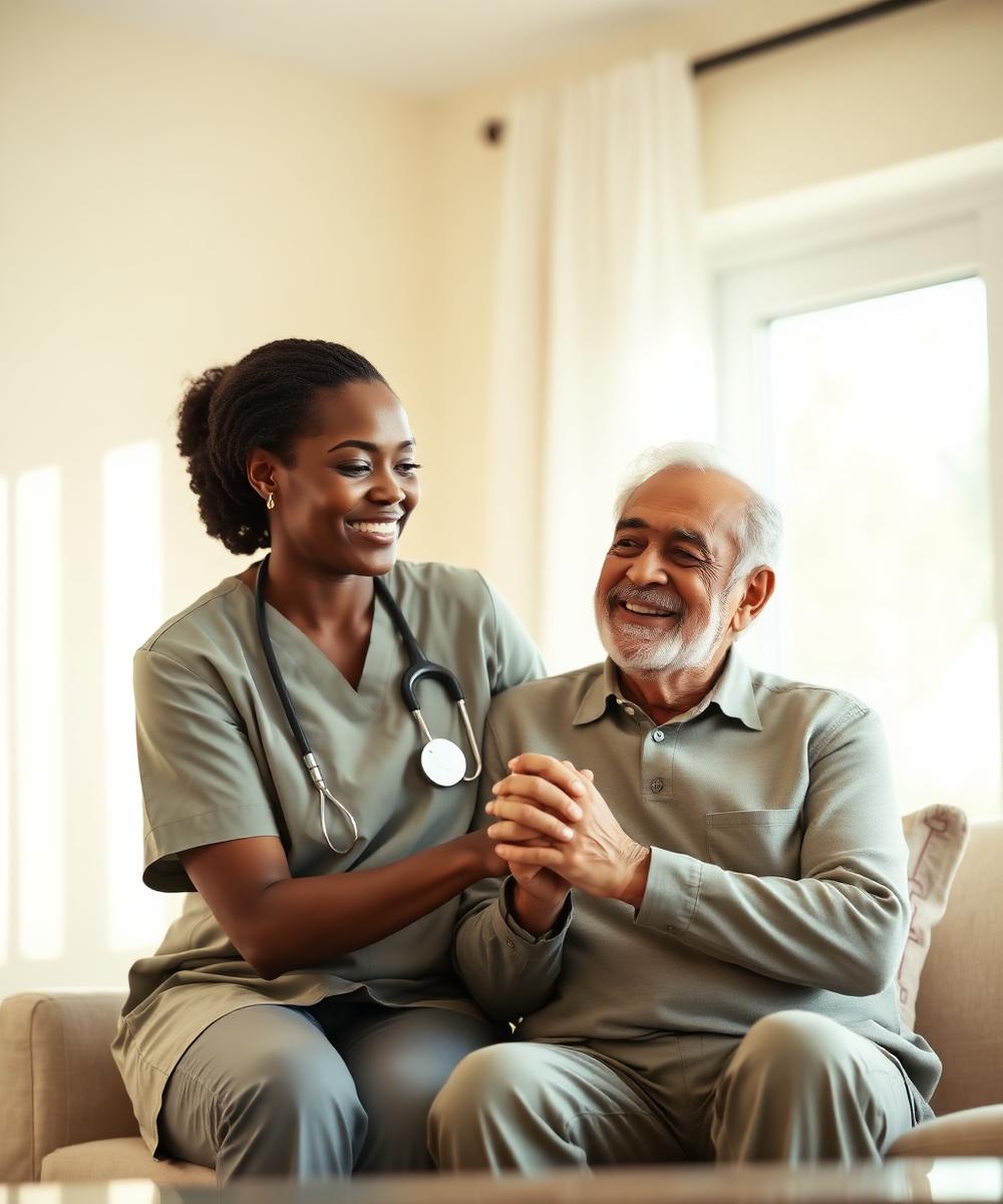 A caregiver sharing a warm moment with a senior resident at TLC Residential Services