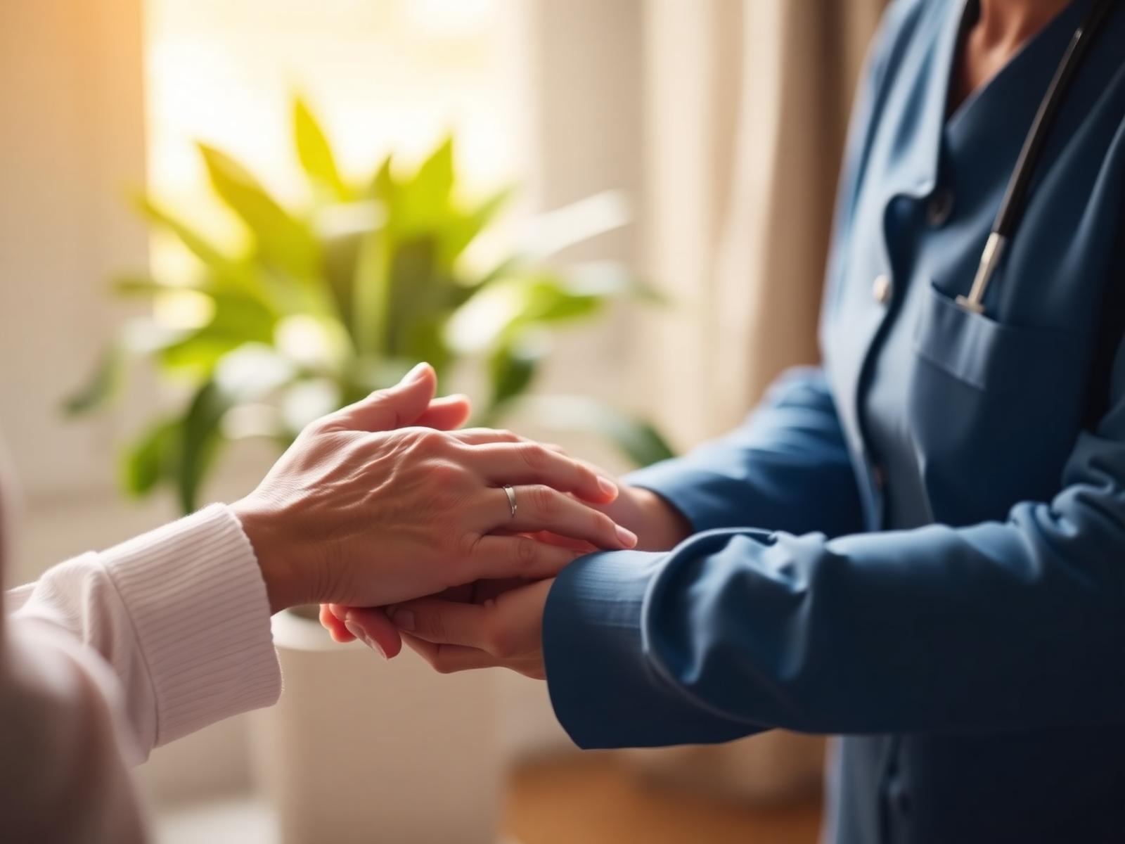 Caregiver holding an elderly person's hands with warmth and compassion