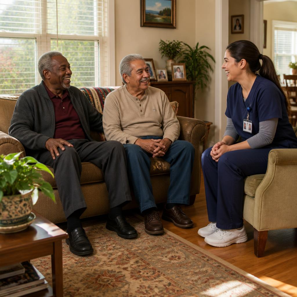 Warm, sunlit residential care home living room